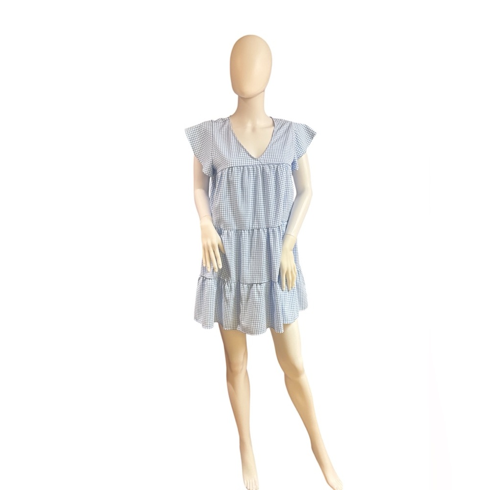 Miami Light Blue Gingham Dress Sz Medium Flutter Sleeve Tiered with Pockets boho